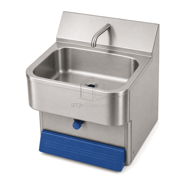 Elevated view of stainless hand washing sink bowl and drain