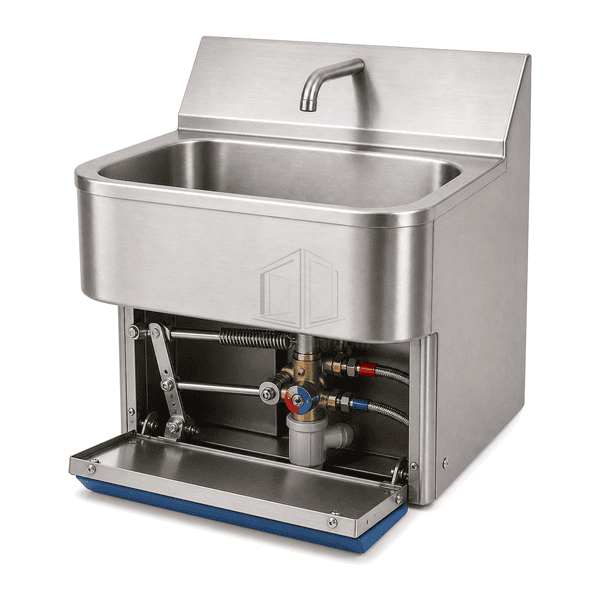Hand washing sink service connection showing knee linkage mixer valve and waste union