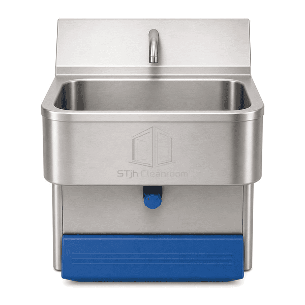 Front view of stainless hand wash basin knee panel and spout