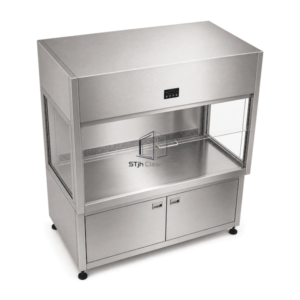 High-angle view of the removable stainless work tray and radiused liner