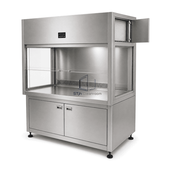 Side view showing stainless double-skin cabinet and filter plenum