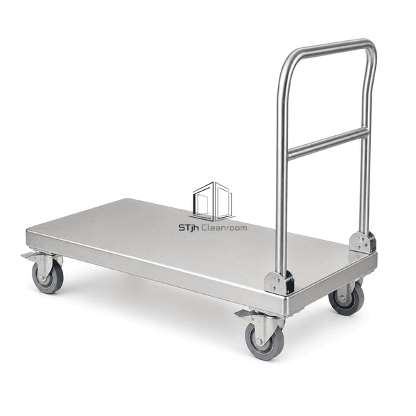 Stainless steel platform cart in a full-length horizontal perspective