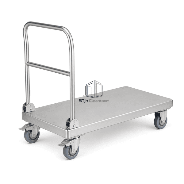 Stainless steel platform cart view highlighting handle mounts and locking caster