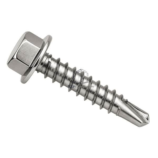 Diagonal side profile showing the screw head, coarse thread and drill point