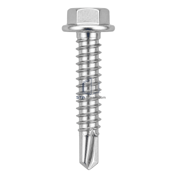 Vertical front view of a hex washer-head stainless self-drilling screw