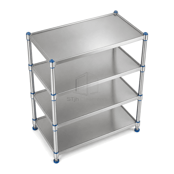 Elevated view of polished stainless shelf surfaces and raised edges