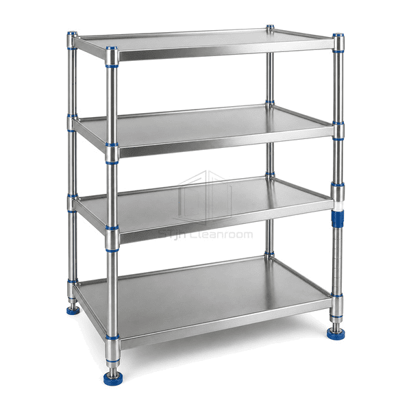 Stainless shelving connection showing split sleeve tapered collar and leveling foot