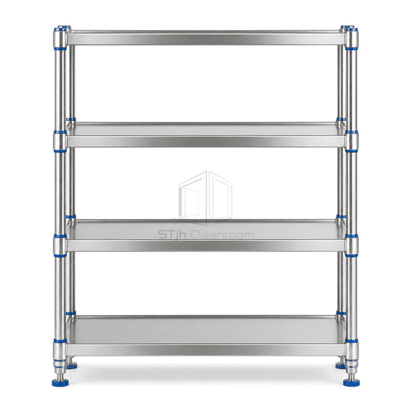 Front view of stainless shelving with raised marine-edge pans