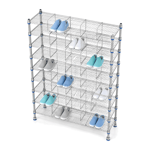 Elevated view of shoe rack wire shelves divider rods and footwear positions