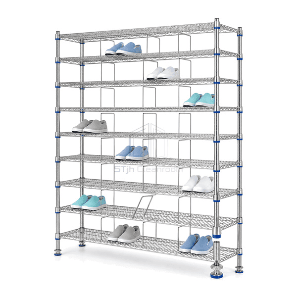 Stainless shoe rack connection showing shelf collar divider tab post groove and leveling bolt