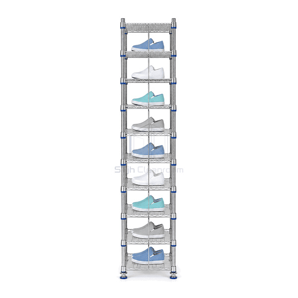 Side view showing shallow stainless shoe rack depth and open wire shelves