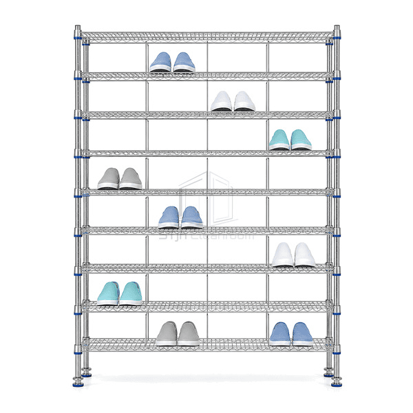 Front view of cleanroom shoe rack with ten divided rows
