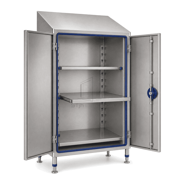 Detail of open cabinet adjustable shelf supports hinges and rotary latch