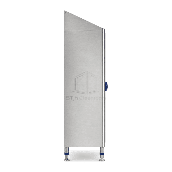 Side view showing cleanroom cabinet depth and raised leveling feet