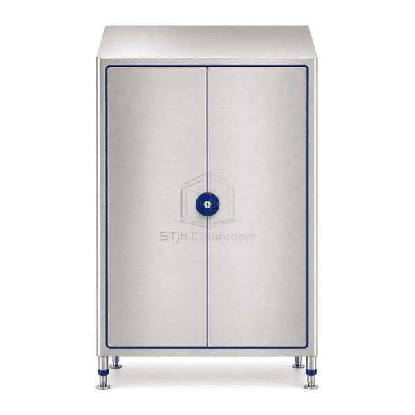 Front view of lockable stainless cabinet and flush double doors