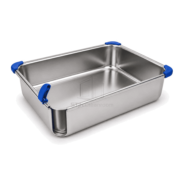 Stainless tray section showing rolled rim deep-drawn wall radius and seamless base