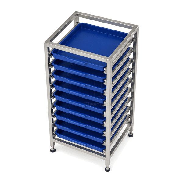 Elevated view of stationary tray rack open top and ten tray levels