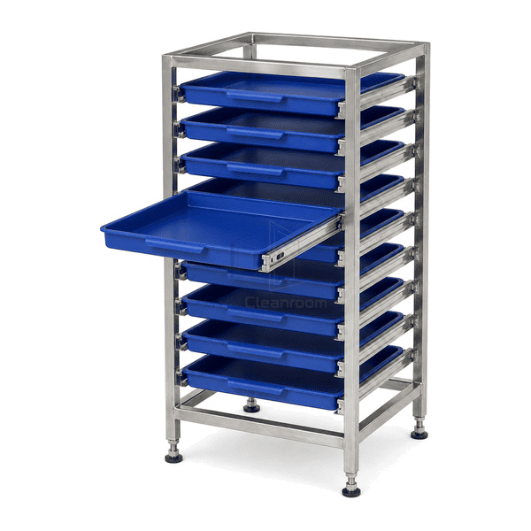 Pulled tray showing paired stainless runners rear stop welded frame and threaded leveling foot