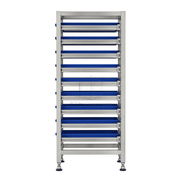 Side view showing cleanroom tray rack paired runners and leveling feet
