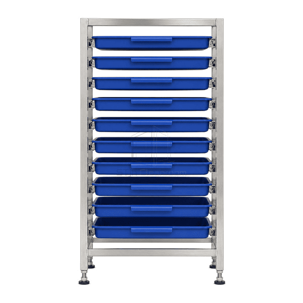 Front view of ten-level stainless tray rack and tray pulls