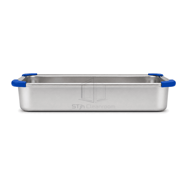 Front view of seamless stainless steel tray wall depth and rounded corners