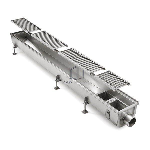 Horizontal presentation of the complete trench drain with open cleanable channel