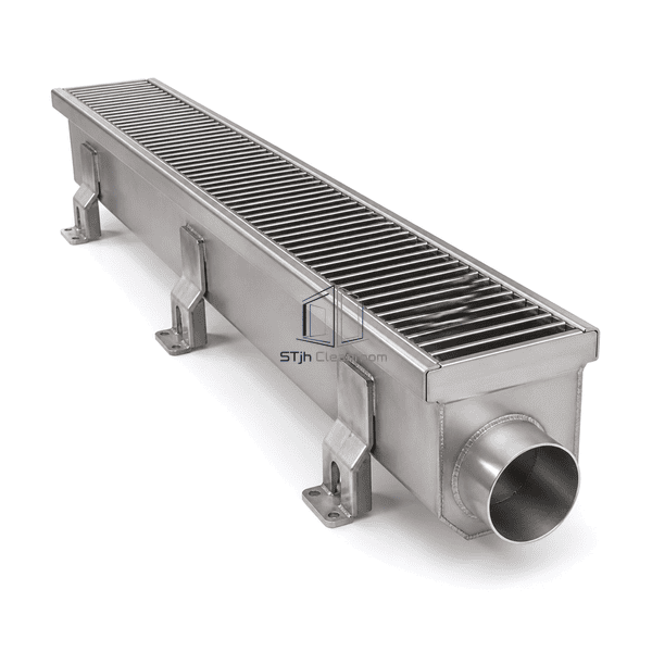 Complete stainless trench drain showing reinforced edge and outlet sump interface