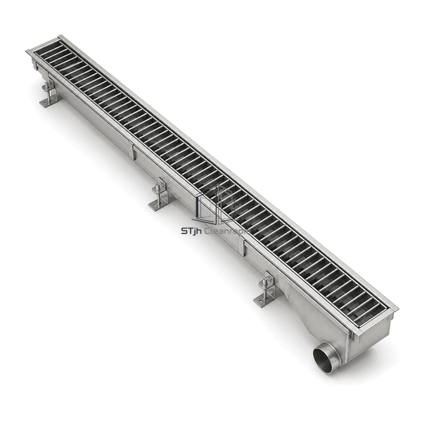 Front top view of the stainless trench drain showing its removable grate run