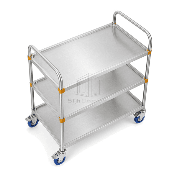 Elevated view of three solid stainless trolley shelves and perimeter edges