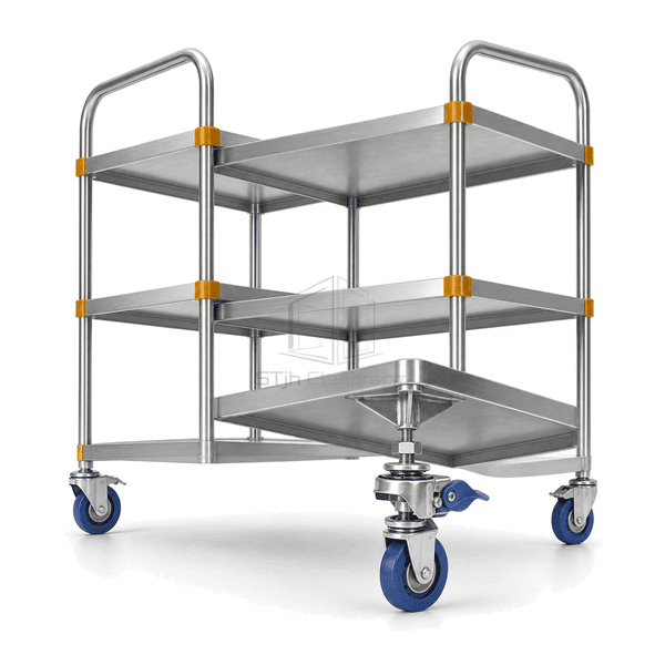 Stainless trolley connection showing shelf gusset caster stem total-lock brake and welded tube