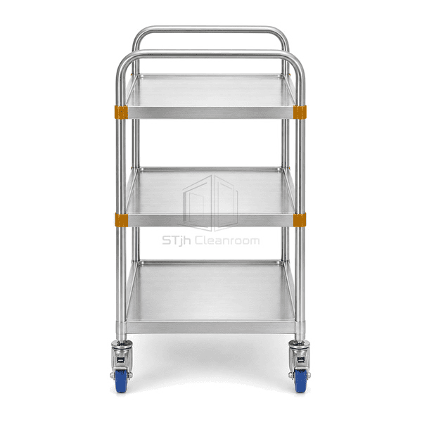 End view showing cleanroom trolley shelf spacing frame and caster alignment