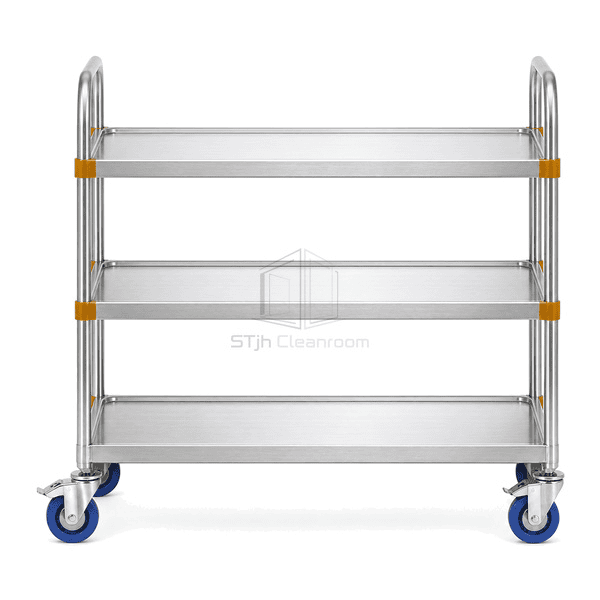 Front view of stainless service trolley marine-edge shelves and twin handles
