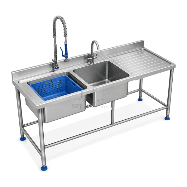 Elevated view of twin wash rinse bowls perforated insert and ribbed drainboard