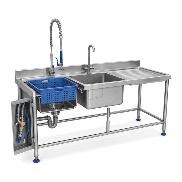 Tool washing sink connection showing lifted insert waste trap spray mixer and leg socket