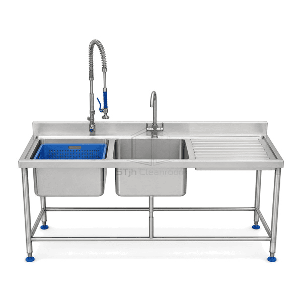 Front view of stainless parts washing sink bowls spray hose and open frame