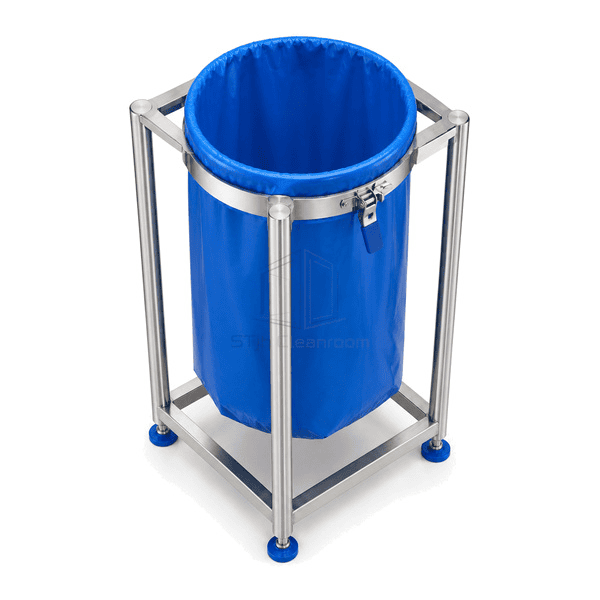 Elevated view of open stainless waste holder ring and blue liner