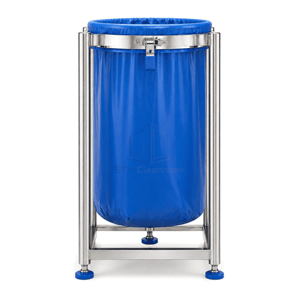 Side view showing cleanroom waste bin uprights liner and raised base