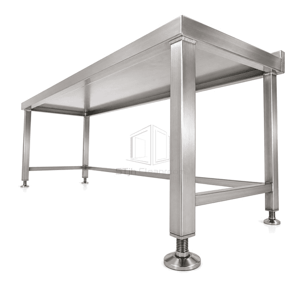 Close view of polished weld adjustable foot and sealed worktop edge