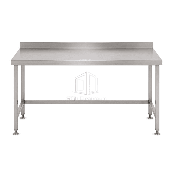 Front view of stainless steel workbench with open cleanable base