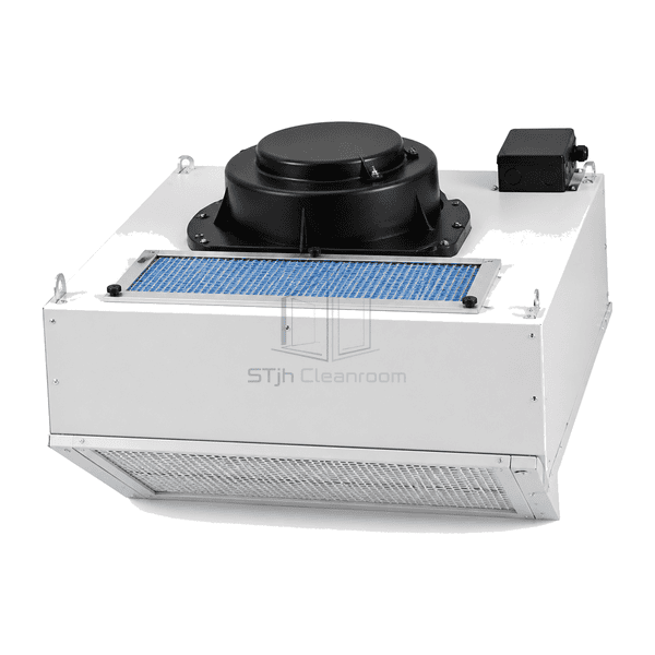 Three-quarter view of a standard cleanroom fan filter unit with top blower and perforated diffuser