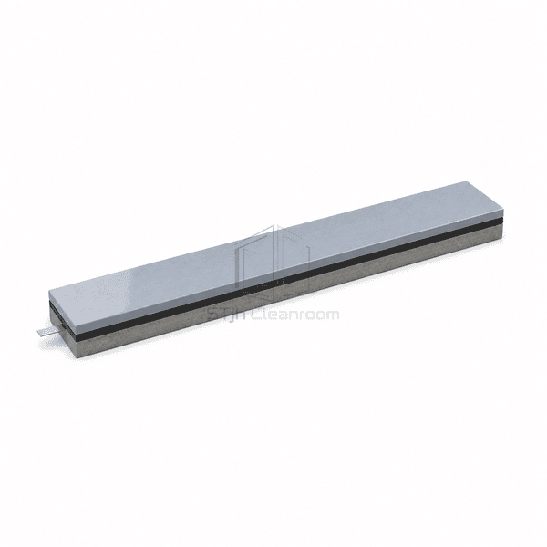 Long static-dissipative epoxy flooring strip with a blue-gray ESD surface, black conductive layer and copper grounding tab