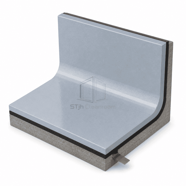 Static-dissipative epoxy flooring cove detail with a rounded blue-gray upstand, conductive primer and copper grounding tab