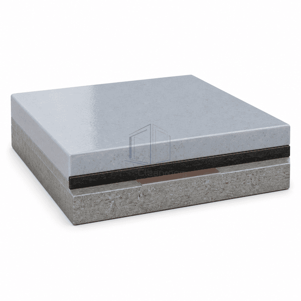 Static-dissipative epoxy flooring layer cutaway with blue-gray ESD finish, black conductive primer, recessed copper strip and concrete base