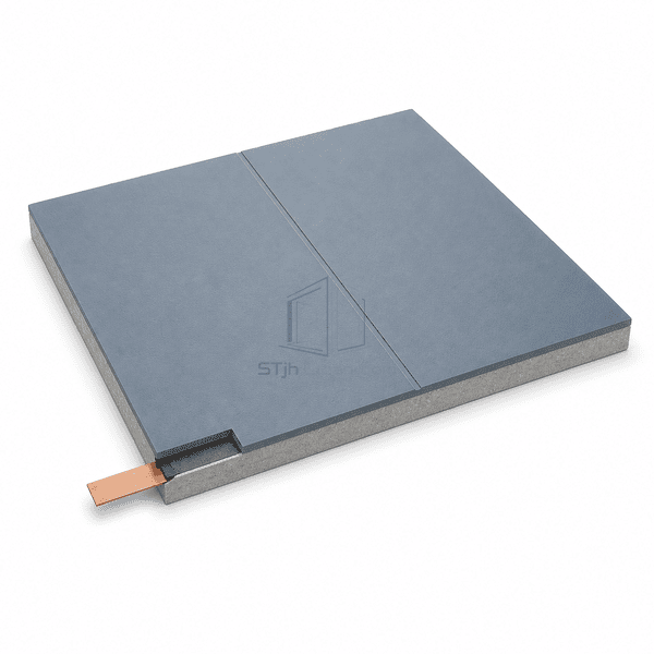 Two blue-gray dissipative PVC sheets with a heat-welded seam and copper grounding strip