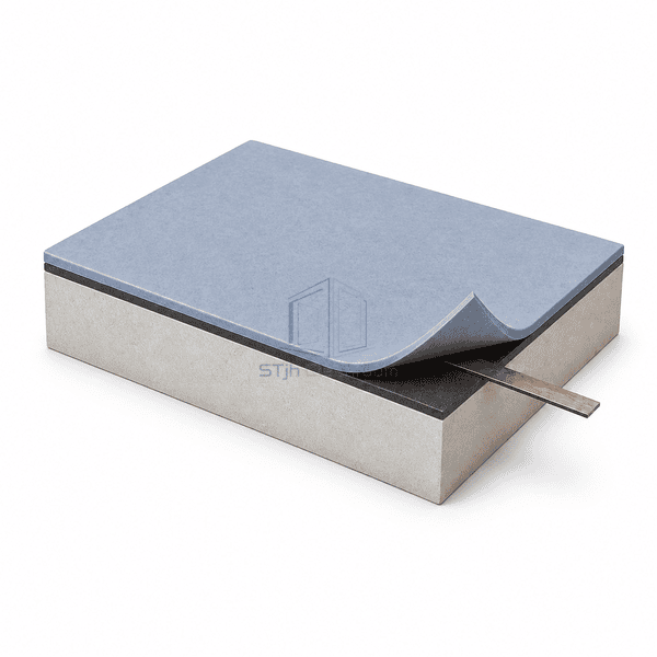 Layered side section of dissipative PVC, adhesive, copper strip and substrate
