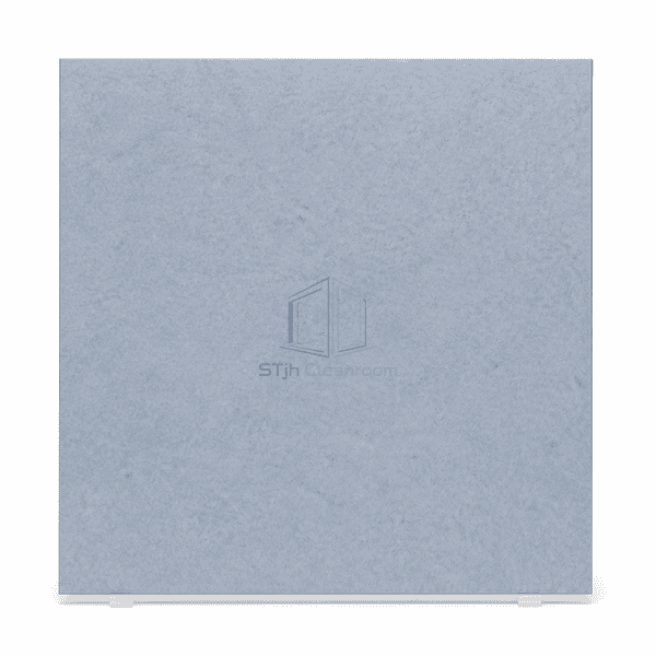 Upright front view of a blue-gray static-dissipative PVC flooring sample