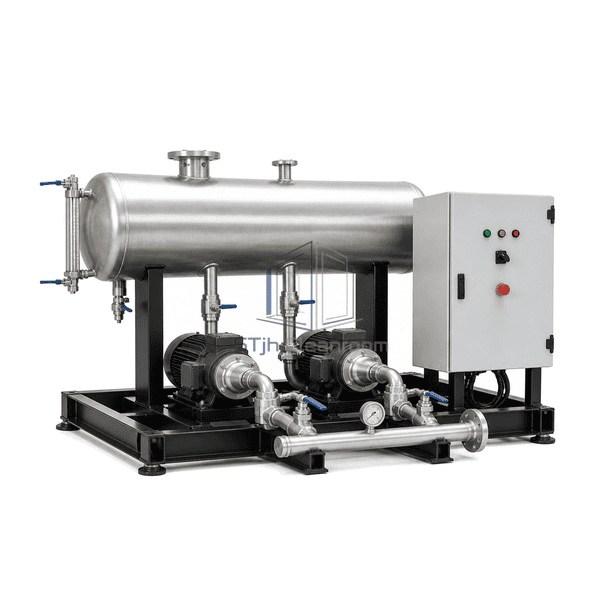 Steam condensate recovery system complete horizontal skid profile with receiver, two pumps, pipework and control cabinet