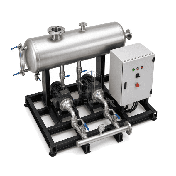 Steam condensate recovery system complete high-angle view emphasizing two check-valve branches and the common discharge outlet