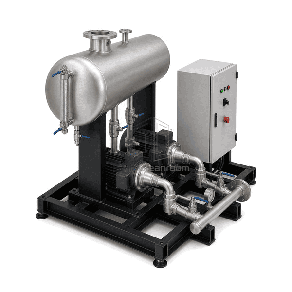 Steam condensate recovery system side view highlighting the horizontal receiver, level gauge and twin suction branches