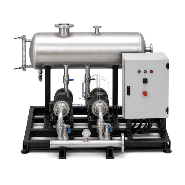 Steam condensate recovery system front view showing two side-by-side electric pumps and the common discharge manifold
